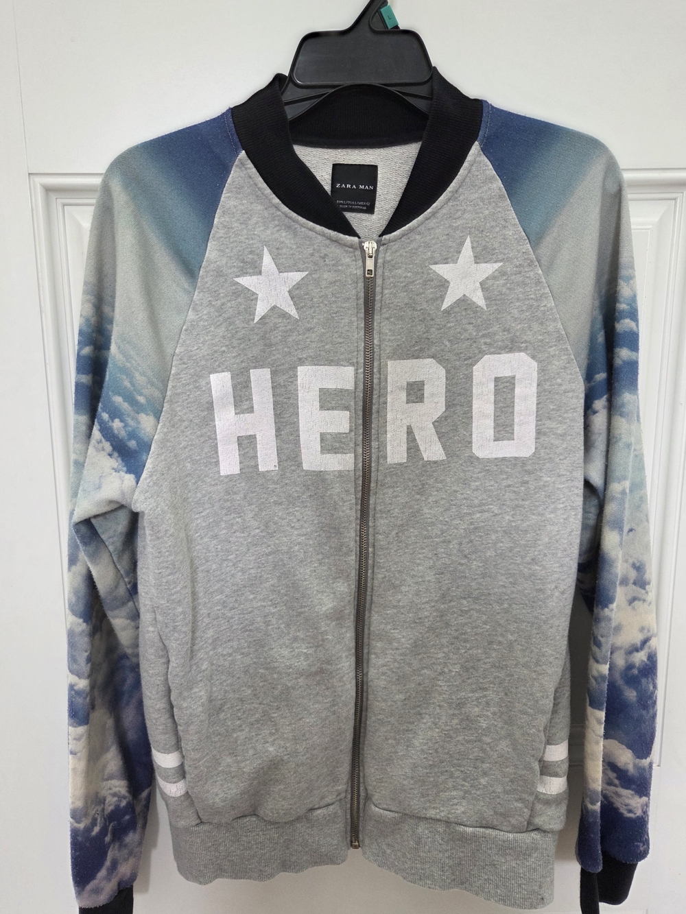 Zara Gray 'HERO' Bomber Sweatshirt with Blue Cloud Sleeves